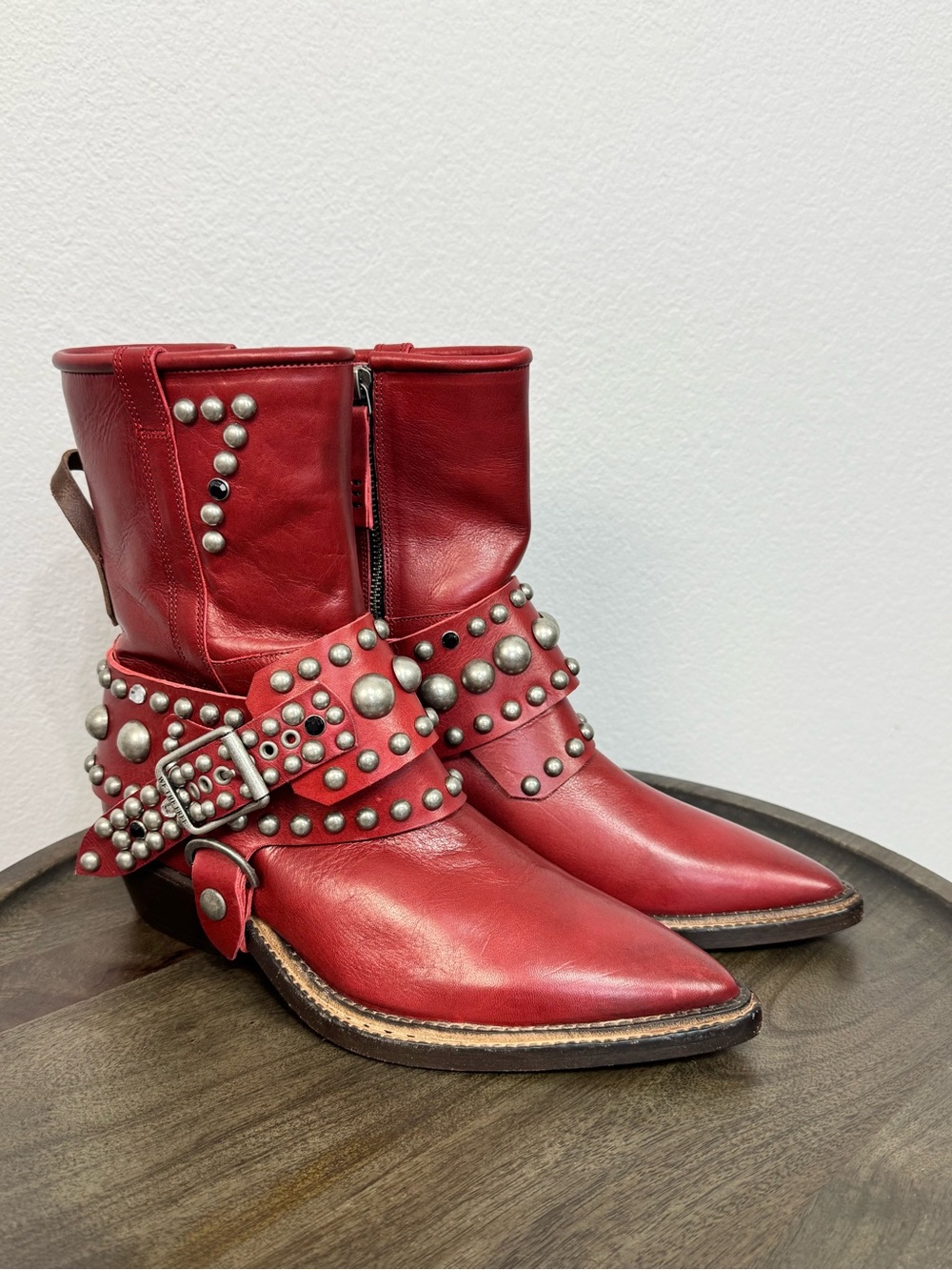 Free People We the Free Axel Red Studded Leather Western Ankle Boots